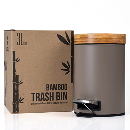 Kazai. 3L Designer Bathroom Bin | Superior Bamboo | Soft Closing | Anti-Finger | Taupe (Dark)