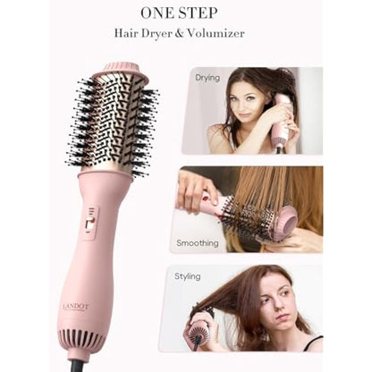 LANDOT Hot Blow Hair Dryer Brush: Upgraded Plus 2.0 Hot Air Brush - One-Step HairDryer Styler and Volumizer 4 in 1 for Drying Straightening Curling Volumizing Hair - Fight Frizz and Add Volume