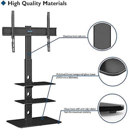 BONTEC Universal Floor TV Stand for 30-70 inch LED OLED LCD Plasma Flat Curved Screens, Height Adjustable Tall TV Stand with 3-Tier Tempered Glass Shelves up to 40KG, Max VESA 600x400mm