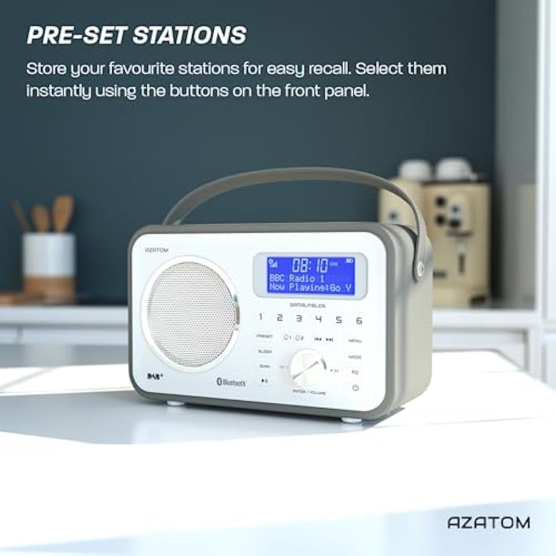 DAB/DAB+ & FM Portable Digital Radio | Leather Design | Bluetooth | Rechargeable Battery | Dual Alarms & Sleep Timer | Perfect for Home, Office or Outdoors | AZATOM Spitalfields 2 (Grey)