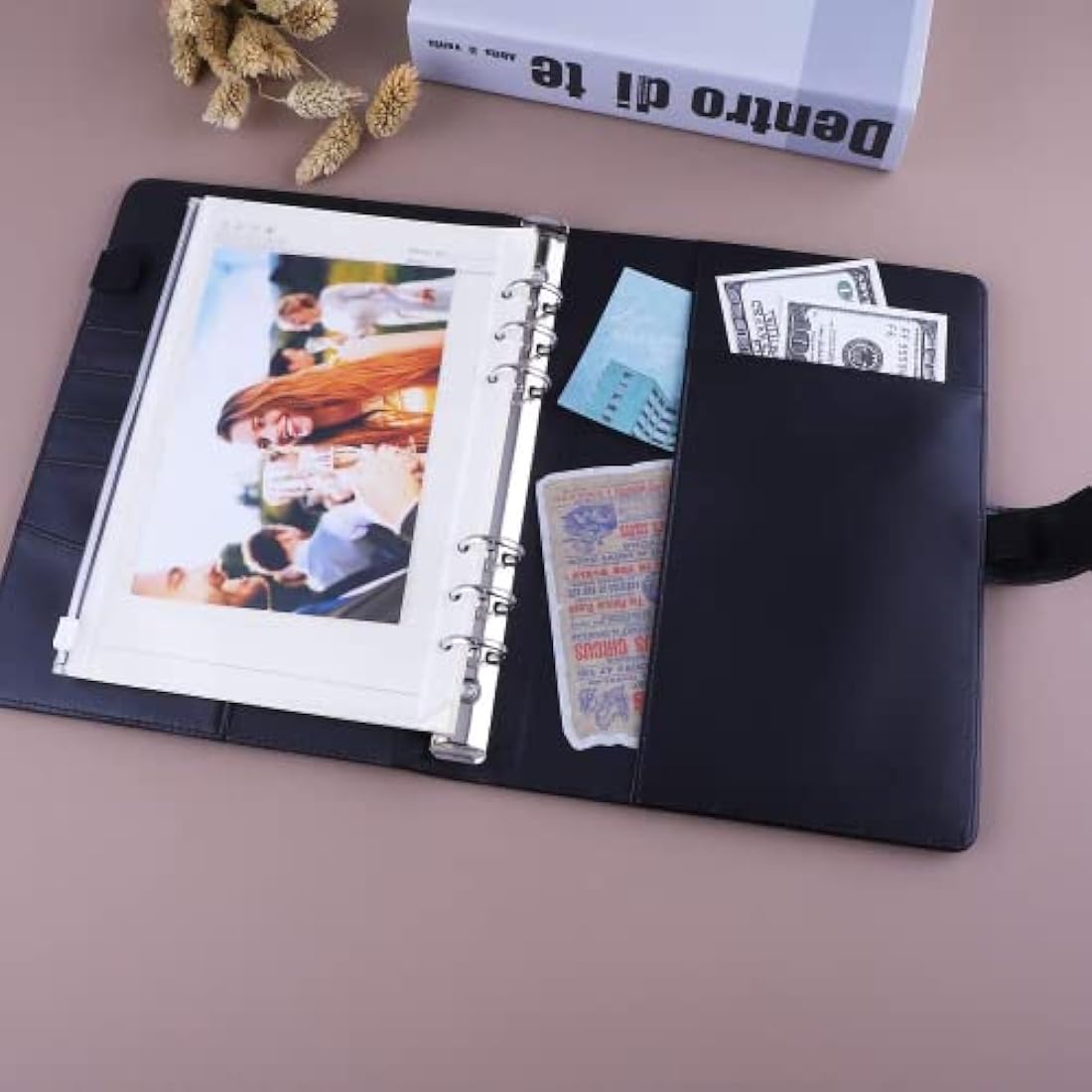 HAUTOCO PU Leather A5 Ring Binder Cover Refillable 6 Ring Budget Binder Notebook Organiser for A5 Refill Paper Insert for Office, School, and Travel, Black
