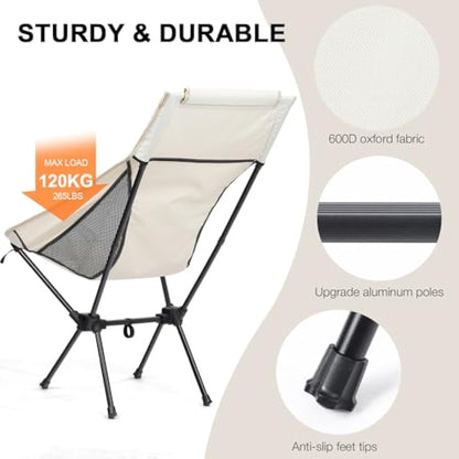 Outplea Folding Camping Chair Lightweight Compact, High Back Travel Chair with Carry Bag, Camp Chairs for Outdoor Beach Trekking, White