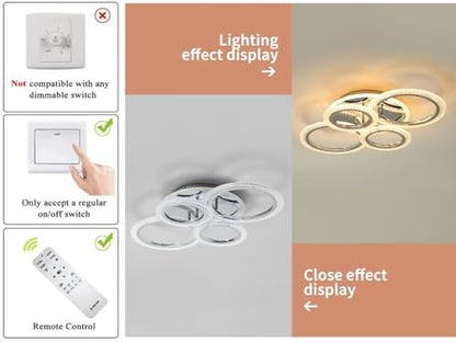 Qcyuui 58W Dimmable LED Ceiling Light, Modern 4-Ring Acrylic Flush Mount Chandelier for Living Room, Bedroom, Dining Room, Chrome Finish