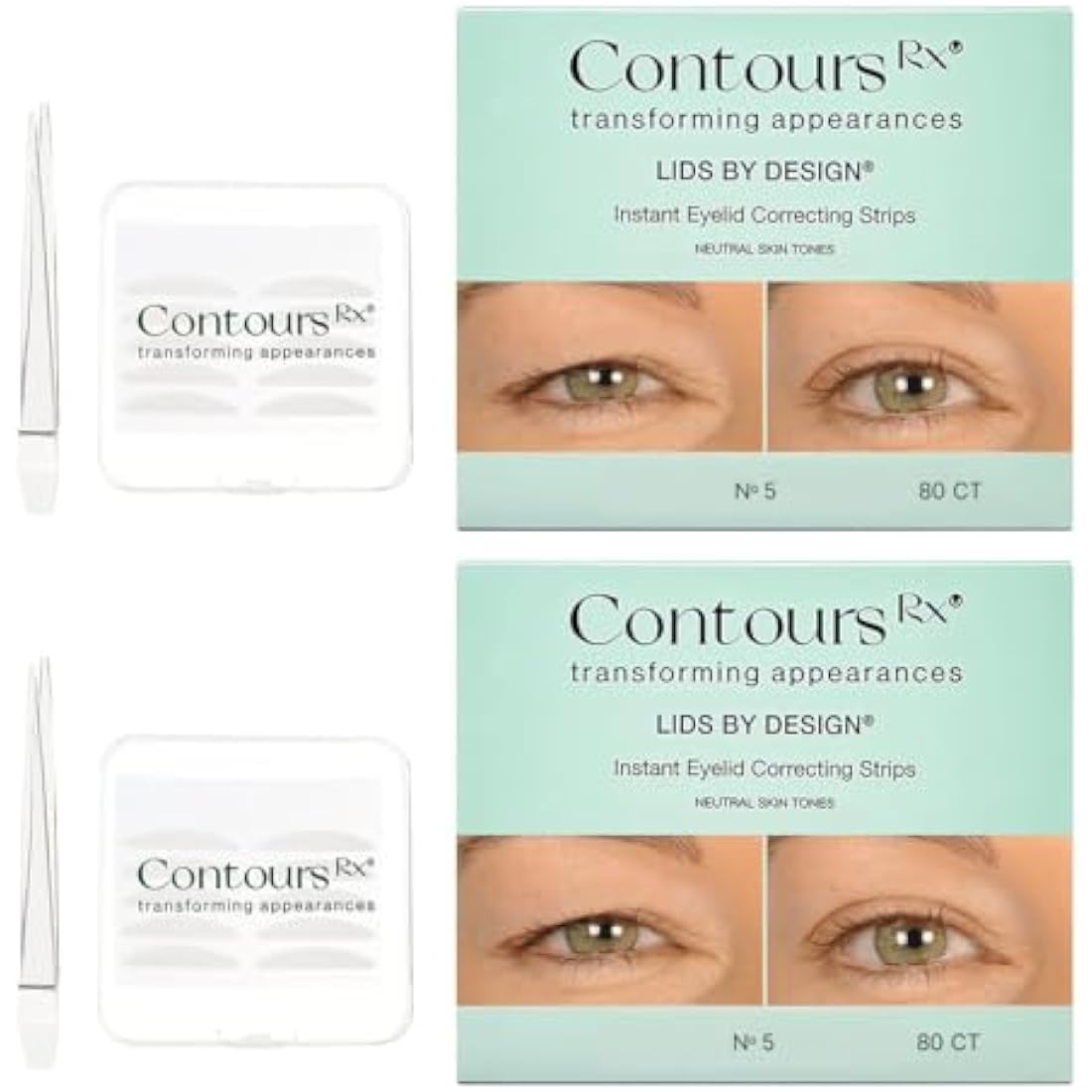 Contours Rx Lids by Design Eyelid Lift Strips with Travel Case and Tweezers - Invisible Eyelid Tape for Hooded Eyes - a Youthful-Looking Appearance - 2 Pack - 160 CT (5mm)