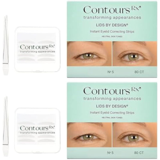 Contours Rx Lids by Design Eyelid Lift Strips with Travel Case and Tweezers - Invisible Eyelid Tape for Hooded Eyes - a Youthful-Looking Appearance - 2 Pack - 160 CT (5mm)