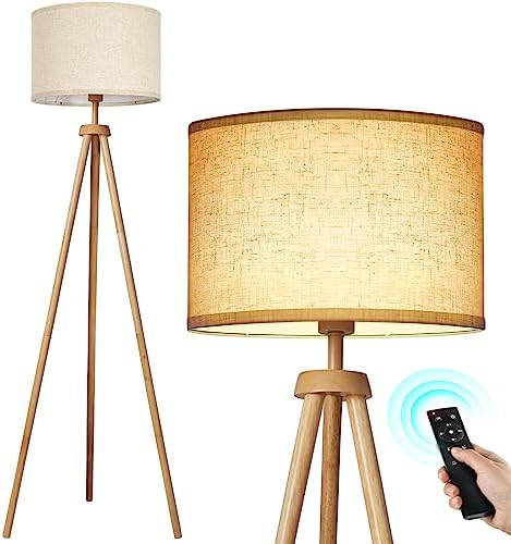 OUTON Solid Wooden Tripod Floor Lamp, Dimmable LED Standing Lamp with Remote Control & 4 Color Temperatures, 1H Timer, Floor Lamp with Linen Shade for Living Room Bedroom(Blub Included), Wood