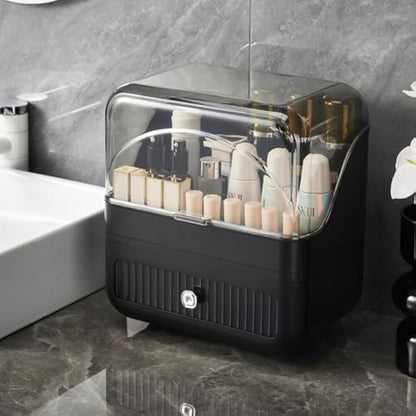 RMAN Makeup Organiser Portable Makeup Storage with Drawer and Clear Lid for Bedroom, Bathroom and Dressing Table, Waterproof and Dustproof - Black