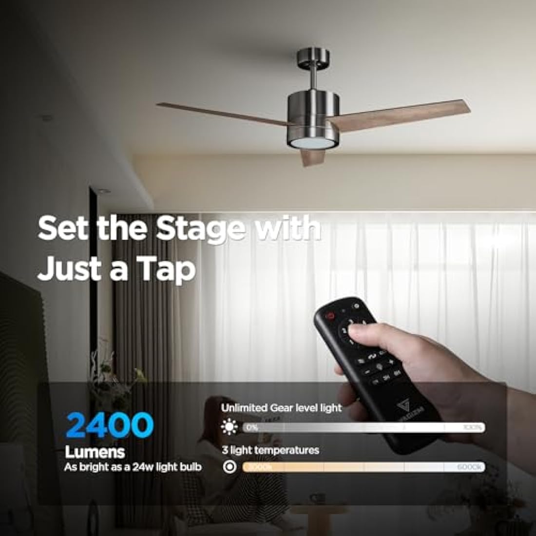 Vagizm Ceiling Fan with Light for Bedroom: 52 inch Silent Ceiling Fans with dimmable Light - Remote Control - Reversible DC Motor - Walnut - 3 Blades - Suitable for Living Room Indoor Outdoor