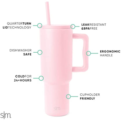 Simple Modern Tumbler 40 oz with Handle and Straw | Insulated Stainless Steel Water Bottle Iced Coffee Cup Travel Mug | Gifts for Women & Men | Trek | 1180ml | Blush