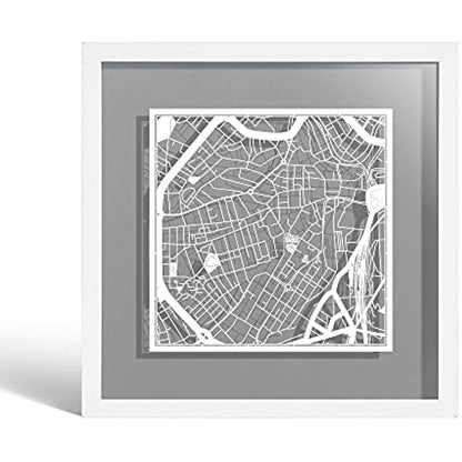 O3 DESIGN STUDIO Sheffield Paper Cut Map framed, White map, White frame, 23x23 cm, Gift Boxed, 4 background color, self-changing, Paper Art