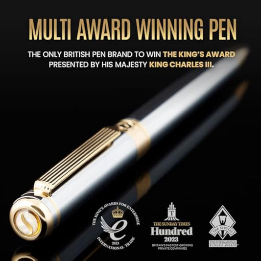Scriveiner Silver Chrome Ballpoint - Stunning Luxury Pen, Real Gold Finish, Schmidt Black Refill, Best Ball Pen Gift Set for Men & Women, Professional, Executive, Office, Nice, Fancy Pens