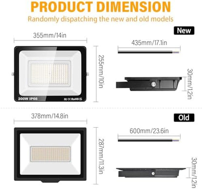 RIGIDON 1 Pcs Outdoor Flood LED Work Light, 200W 20000 Lumens Floodlight, Daylight Warm White Security Lights for Garden Yard Lawn Basketball Football Court Patio Landscape, IP66 Waterproof 3000K
