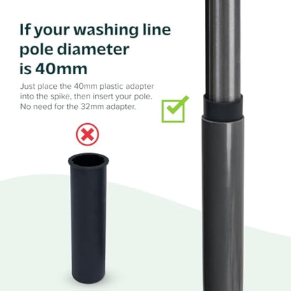 Flatro Rotary Washing Line Spike - Heavy Duty Powder Coated Metal Ground Spike for Rotary Washing Line with Two Plastic Adapters, Rotary Airer Ground Spike for Parasol - fit 32, 40, and 50mm