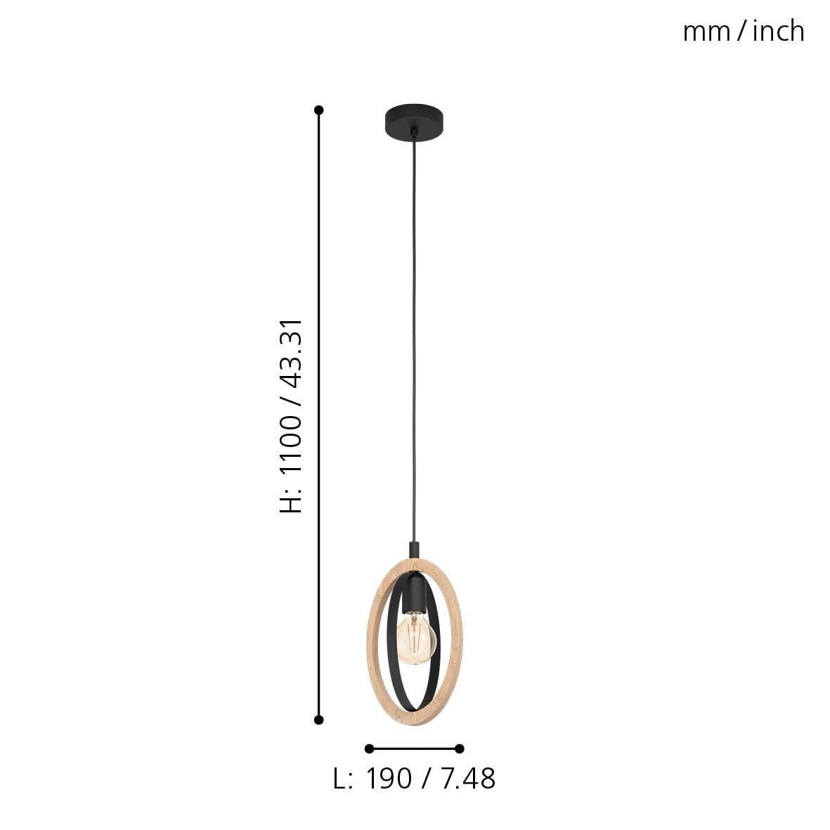 Eglo Pendant lamp Basildon, 1-Light Hanging lamp Vintage, Industrial, Retro, Pendant lamp Made of Steel and Wood in Black, Natural, Dining Table lamp,