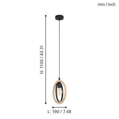 Eglo Pendant lamp Basildon, 1-Light Hanging lamp Vintage, Industrial, Retro, Pendant lamp Made of Steel and Wood in Black, Natural, Dining Table lamp,