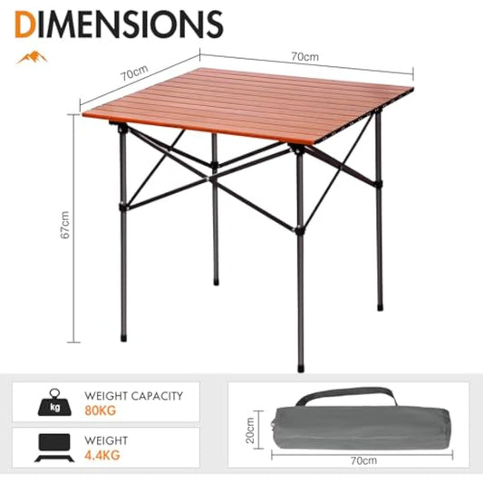 Portal Aluminium Folding Camping Table 70x70cm Square Roll Up Top 4 Person Compact Garden Table with Carry Bag for Picnic Camp Backyard BBQ