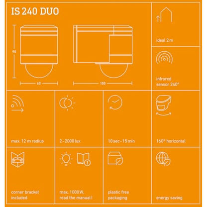 Steinel IS 240 DUO black - motion detector with 240° angle of coverage and max. 12 m range, infrared motion detector for indoor and outdoor use, incl. corner wall mount, 602710