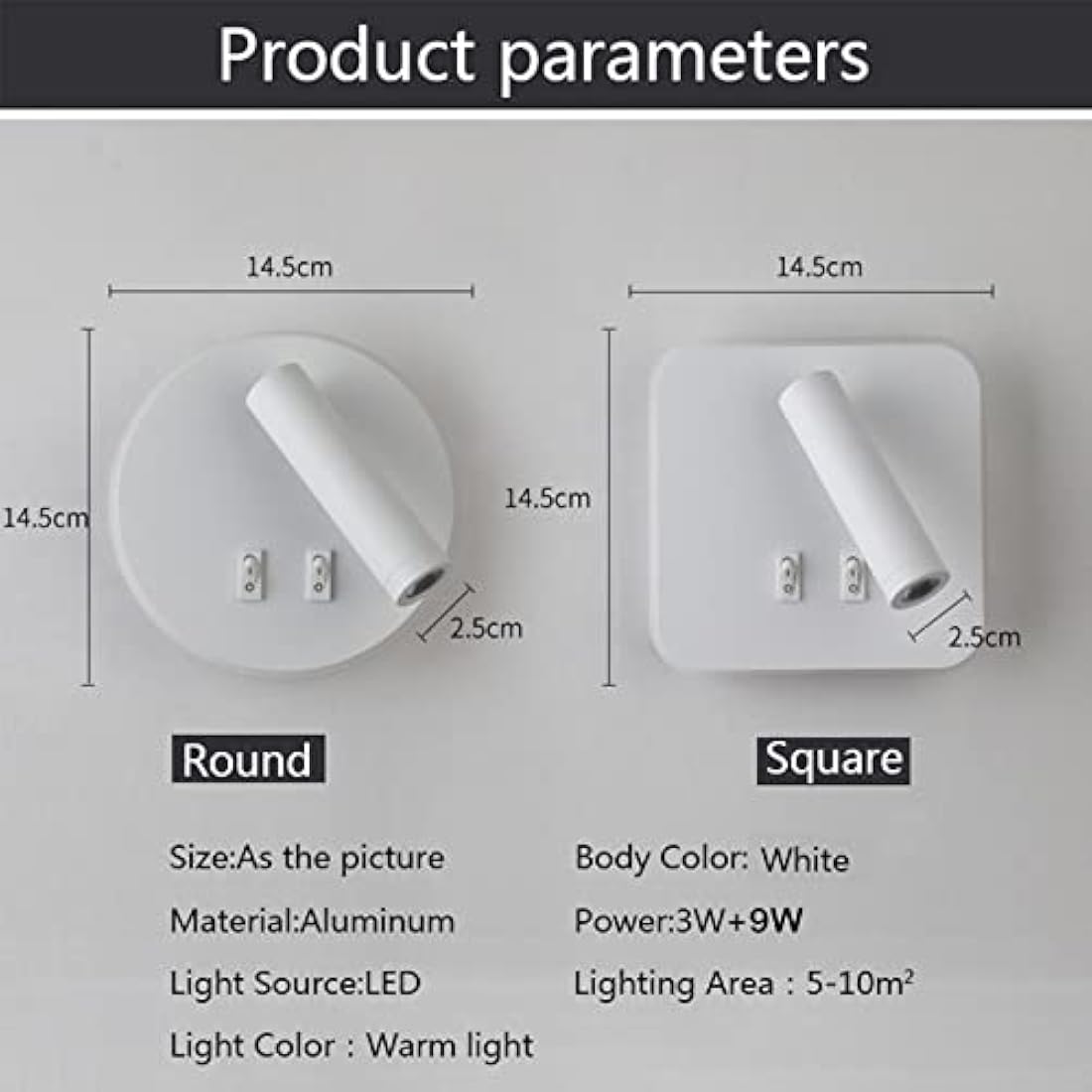 uksunvi LED Wall Mounted Lamp,Bedside Reading Wall Light,12W LED Wall Lamp, Adjustable Spotlight （3W +9W 3000K Warm Light） (2PCS White Circular)