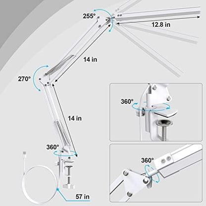 SKYLEO LED Desk Lamp with Clip and Base - Eye Protection Desk Lamps for Study - Swing Arm USB Desk Lamp Office - 3 Light Modes x 10 Brightness Levels - 5V/2A Adapter - White