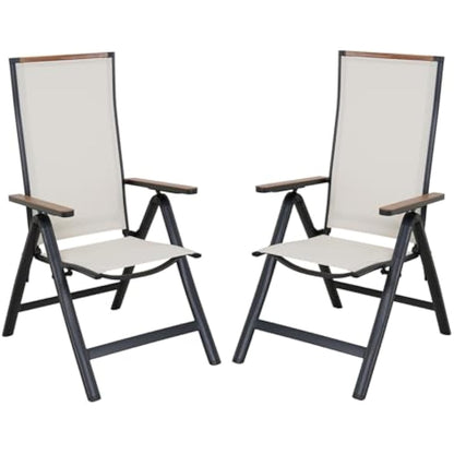 Grand patio folding chair, Aluminium garden chairs set of 2 with Armrest & Mesh breathable Seat, Adjustable 6 Position High Backrest, foldable dining chair for Outdoor, Garden, Dining room (White)