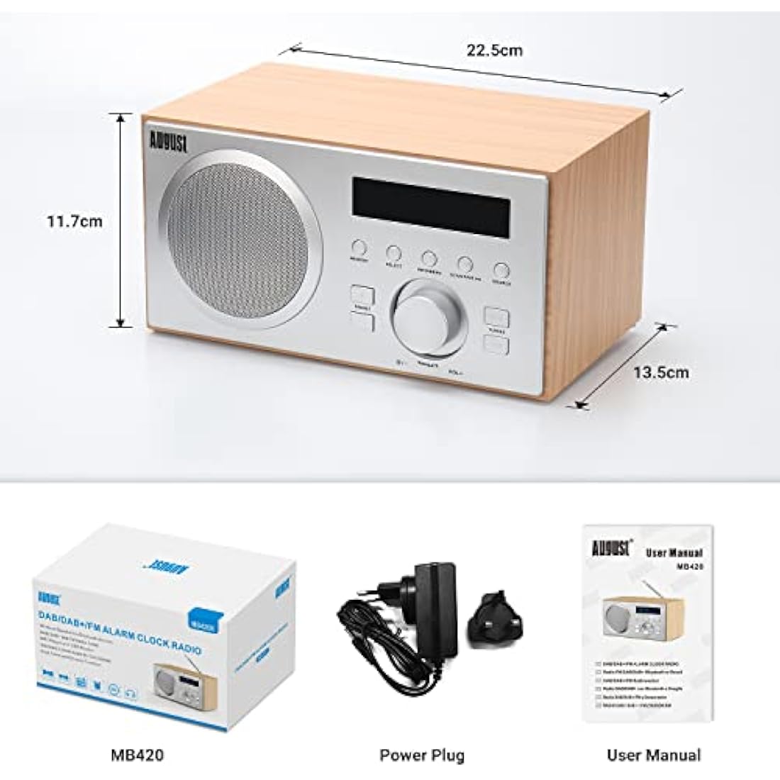 August MB420 DAB+ Radio with Bluetooth Speaker – Digital DAB & FM Radio with 30 Station Presets, Dual Alarm Clock, Sleep Timer, 5W Bass Reflex Stereo Speakers, Aux/USB/Mains Power, LCD Display – Oak