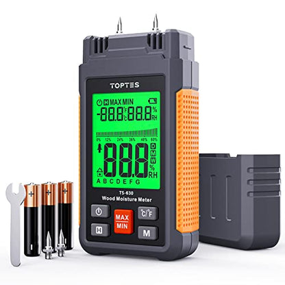 TopTes TS-630 Moisture Meter, Wood Moisture Meter with 2.25-inch 3 Colours Backlit LCD, Use for Log/Firewood/Lumber, Tracing Water Leak Dampness in Walls/Drywall/Floors, 7 Modes - Orange