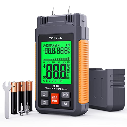 TopTes TS-630 Moisture Meter, Wood Moisture Meter with 2.25-inch 3 Colours Backlit LCD, Use for Log/Firewood/Lumber, Tracing Water Leak Dampness in Walls/Drywall/Floors, 7 Modes - Orange