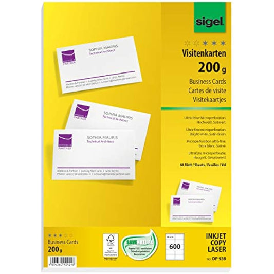 SIGEL DP939, 85x55 mm (A4), Business Cards, mp, 200 gsm, printable, bright White, 600 Piecesequal to60 sheets