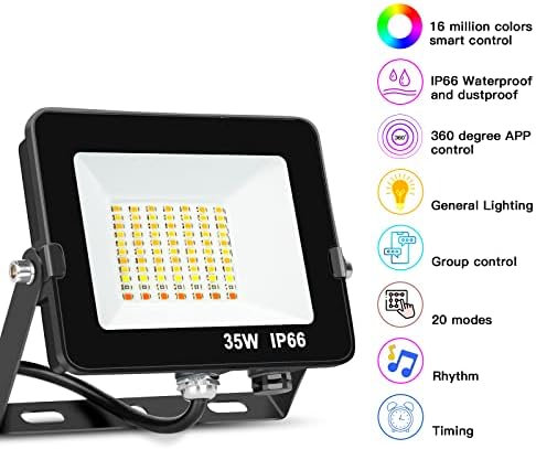 ausyde LED Floodlight Outdoor or Indoor 35W Smart RGB Colour Changing Flood Lights Bluetooth APP Control IP66 Waterproof dimmable Atmosphere Light for Decorative Stage Landscape Garden, UK 3 pin Plug