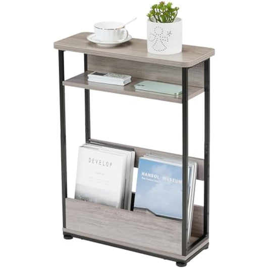 YEAKOO Narrow Side Table for Narrow and Small Spaces, Skinny Bedside Table Small Nightstand with Magazine Rack Space Saving (Oak, M)