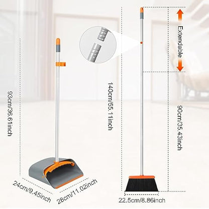 Jekayla Long Handled Dustpan and Brush, Broom and Dustpan Set, Household Dust pan Combo with 54 Inch Handle for Indoor Outdoor Household Cleaning and Sweeping (Orange)