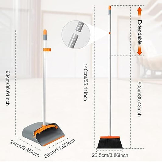 Jekayla Long Handled Dustpan and Brush, Broom and Dustpan Set, Household Dust pan Combo with 54 Inch Handle for Indoor Outdoor Household Cleaning and Sweeping (Orange)