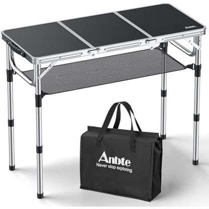 Anbte Folding Camping Table, Aluminum 88 cm x 40 cm Portable Table Picnic Table with Storage Net Adjustable Waterproof Lightweight Foldable Stored for Outdoor Indoor Picnic Beach Backyard(3 heights)