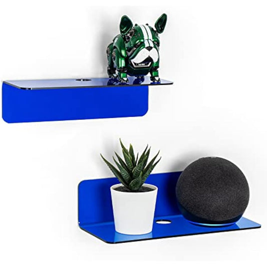 OAPRIRE Acrylic Floating Wall Shelves Set of 2, Damage-Free Expand Wall Space, Small Wall Shelf for Smart Speaker, Action Figures, Monitor with Cable Clips, Stick on, No Drill (Blue)