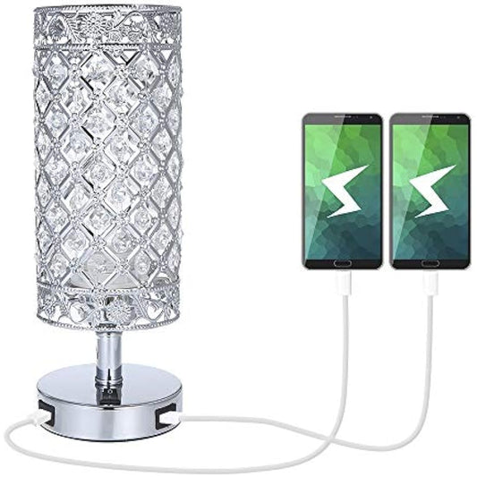 Tomshine Crystal Bedside Table Lamp with Dual USB,Modern Sliver Light E27 Glitter Lampshade with 2 USB Port Bedroom Nightstand Light for Bedroom,Living Room