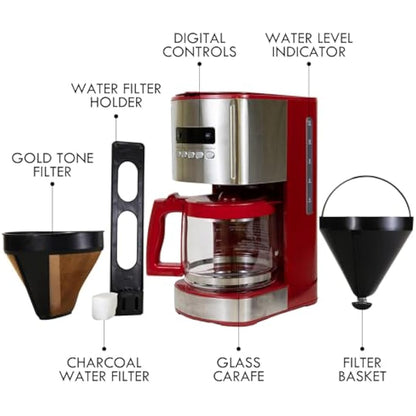 Kenmore 12-Cup Drip Coffee Maker Machine, 1.8L Programmable Filter Coffee Machine with Timer, Fast Brewing Technology, Reusable Filter, Glass Carafe, Digital Display, Charcoal Water Filter, Red