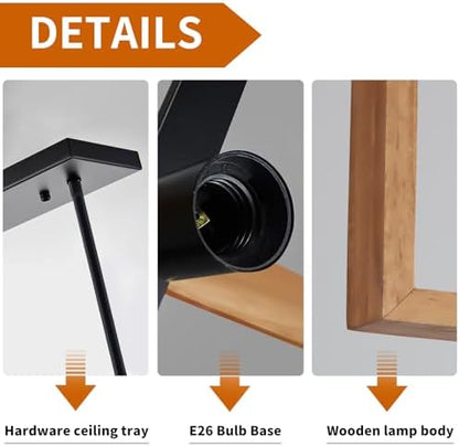 Mikeru Farmhouse Pendant Light, 4 Light Black Metal Industrial Pendant, 80cm Vintage Wooden Pendant, Height Adjustable Indoor Lighting Fixtures for Kitchen Island, Dining Room, Cafe