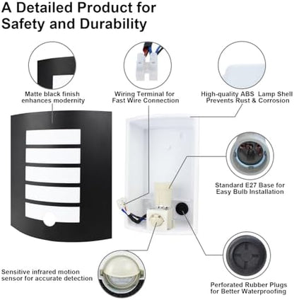 Allesgute Outdoor Wall Lights with PIR Motion Sensor, IP44 Waterproof Curved Outside Lights Mains Powered Black Wall Lamp for Porch, Front Door, Incl.12W E27 Bulbs Cool White 6000K
