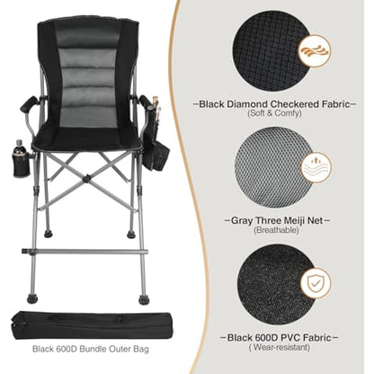 REDCAMP Tall Folding Chair with Footrest, Portable Artist Makeup Chair with Storage Side Bags, High Directors Chair for Camping, Heavy Duty Supports 300 lbs(Black gray)