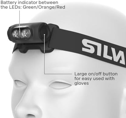 Silva Head Torch Battery Powered - Explore 4-400 Lumen LED Headlight - 3 Brightness Levels & 3 LED Colours - Waterproof and Powerful Head Torch with Battery Indicator