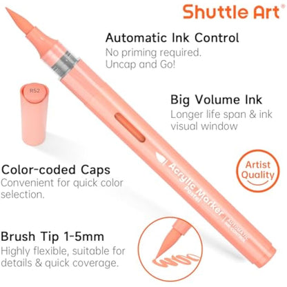 Shuttle Art Automatic Ink Control Acrylic Paint Pens, 24 Pastel Colours Brush Tip Paint Marker Pens, Paint Pen for Rock Painting Ceramic, Wood, Glass, Stone, Art Marker Pen Set for DIY Art Supplies