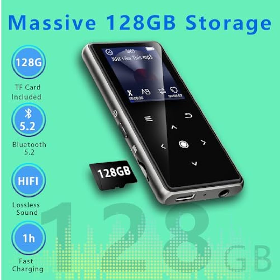 128GB MP3 Player with Bluetooth 5.2, AiMoonsa Music Player with Built-in HD Speaker, FM Radio, Voice Recorder, HiFi Sound, E-Book Function, Earphones Included