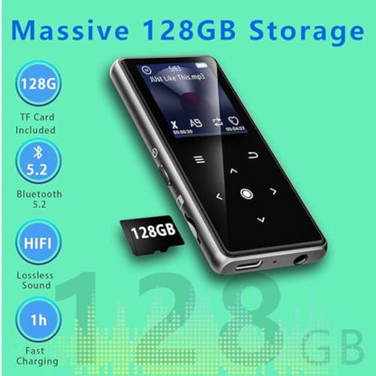 128GB MP3 Player with Bluetooth 5.2, AiMoonsa Music Player with Built-in HD Speaker, FM Radio, Voice Recorder, HiFi Sound, E-Book Function, Earphones Included