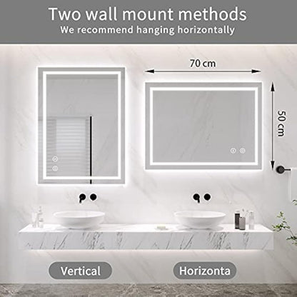 Dripex Bathroom Mirror with LED Lights, 500 * 700 MM Illuminated Backlit Wall Mounted Vanity Mirror Dimmable Switch 3 Colors and Demister Pad, Horizontal/Vertical