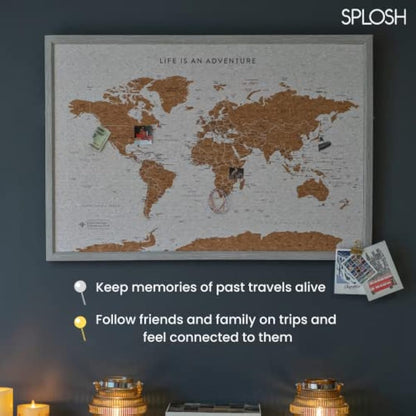 Splosh Large Maps. World Map Pin Board in Grey, Wooden Frame. World Map Cork Board with 100 Pins in 2 Colours to Mark Your Past and Future Adventures. Framed World Maps for Wall. (Grey)