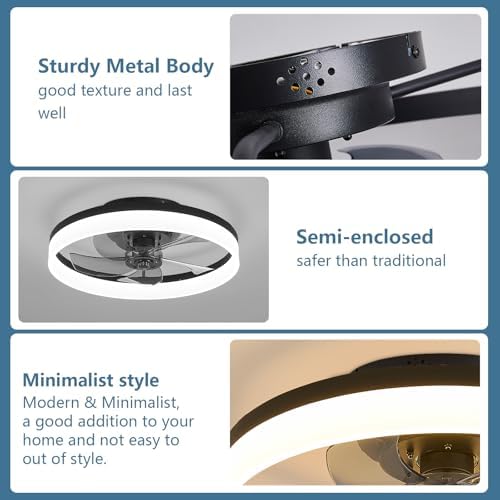 MOSSCO Ceiling Fans with Lights and Remote, LED Dimmable 3 Colour 6 Speeds Reversible Fan Light, Modern Fan Lights Ceiling for Bedroom, Flush Mount Low Profile Ceiling Fan Light Black 50CM