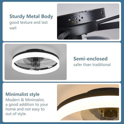 MOSSCO Ceiling Fans with Lights and Remote, LED Dimmable 3 Colour 6 Speeds Reversible Fan Light, Modern Fan Lights Ceiling for Bedroom, Flush Mount Low Profile Ceiling Fan Light Black 50CM