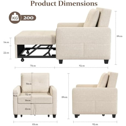 Vesgantti 3 in 1 Convertible Sofa Bed with Adjustable Backrest, Beige Fabric Single Sofa Bed Chair with Side Pockets, Foldable & Pull Out for Living Room