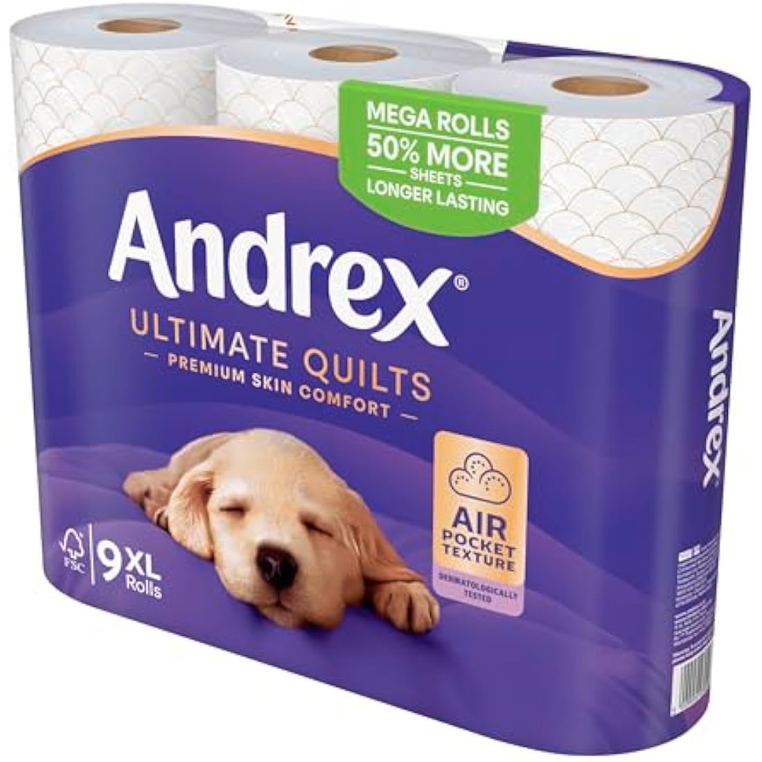 Andrex Ultimate Quilts 9 Mega Toilet Rolls = 13.5 Standard Toilet Rolls, 50% Longer Lasting Paper, Air Pocket Technology for Soft, Thick Sheets, FSC Certified