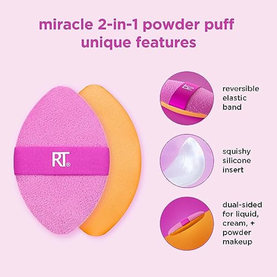 Real Techniques Miracle 2-In-1 Powder Puff, Dual-Sided, Full-Size Makeup Blending Puff, Reversible Elastic Band, Precision Tip Makeup Sponge and Powder Puff, For Liquid, Cream and Powder, 2 Count
